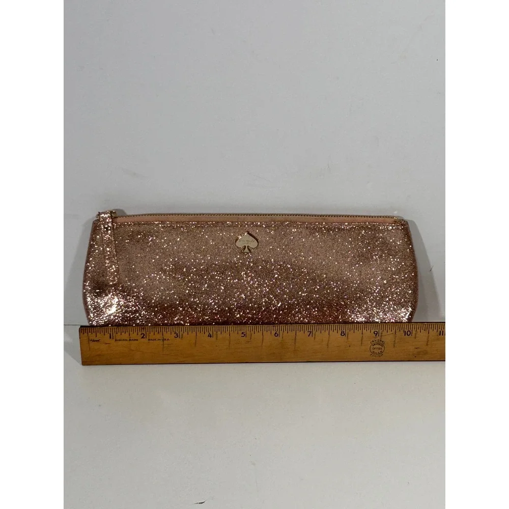 Kate Spade Rose Gold Glitter Zip Cosmetic Pouch Makeup Bag Polka Dot Lining